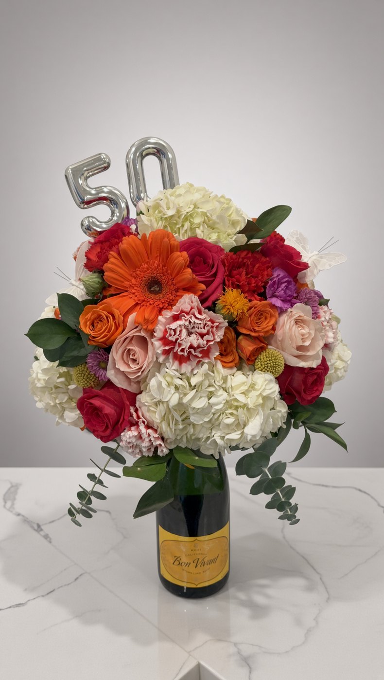 50th birthday bouquet of orange gerbera, roses, carnations and hydrangea on a bottle of sparkling wine with a silver 50 topper