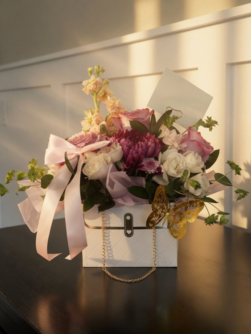 White purse-style flower box with pink roses, cream roses, stock and a magenta chrysanthemum, tied with a blush ribbon and gold butterflies
