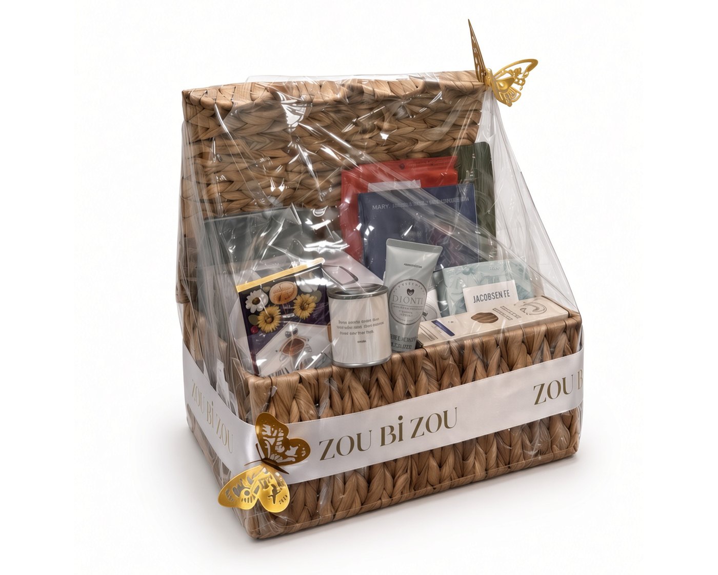 Woven Zou Bi Zou gift basket of curated treats and self-care items with gold butterflies